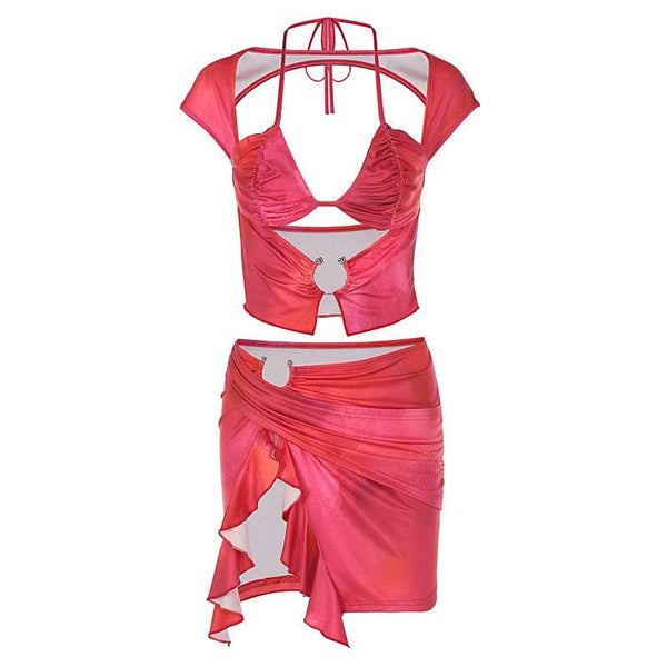 Cap sleeve o ring ruffle ruched mini skirt set