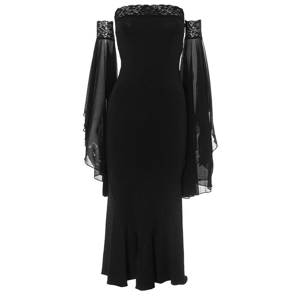 Robe longue tube à manches longues et épaules dénudées avec ourlet en dentelle 