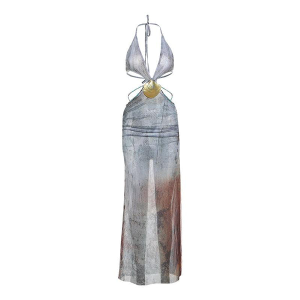 Robe longue à licou et décolleté en V profond, en maille transparente avec appliques | robe samba 