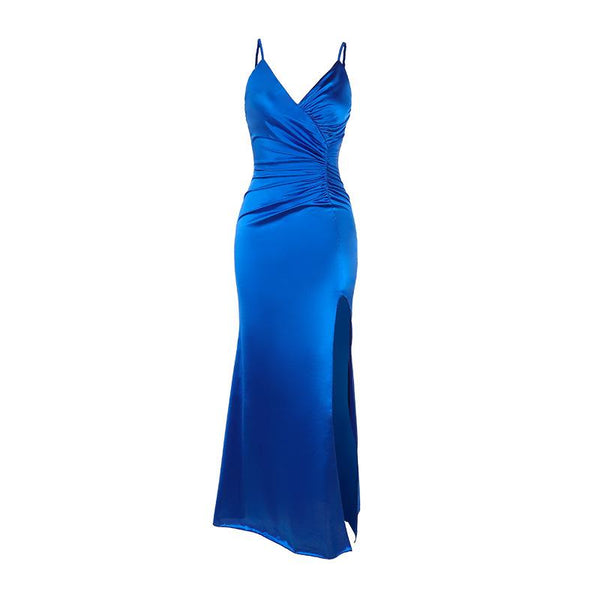 Robe longue à col en V, fente froncée et fermeture éclair 