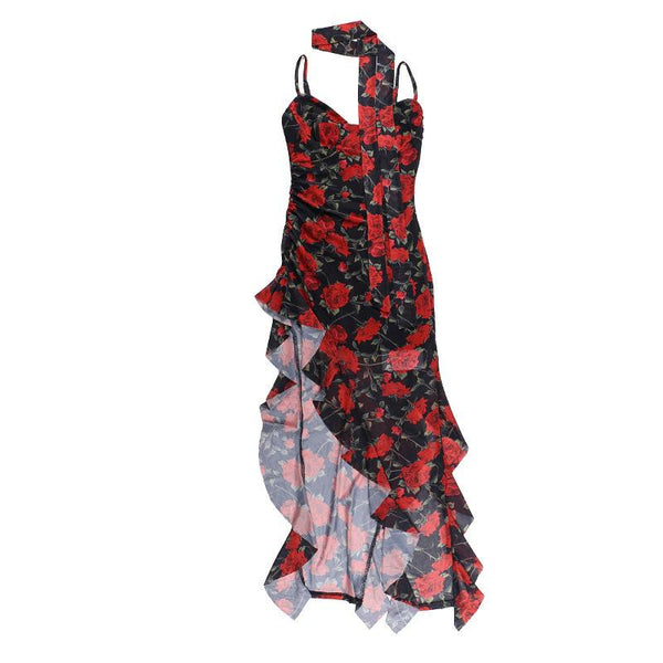 Robe midi asymétrique à volants et col en cœur | Robe de tango rouge 
