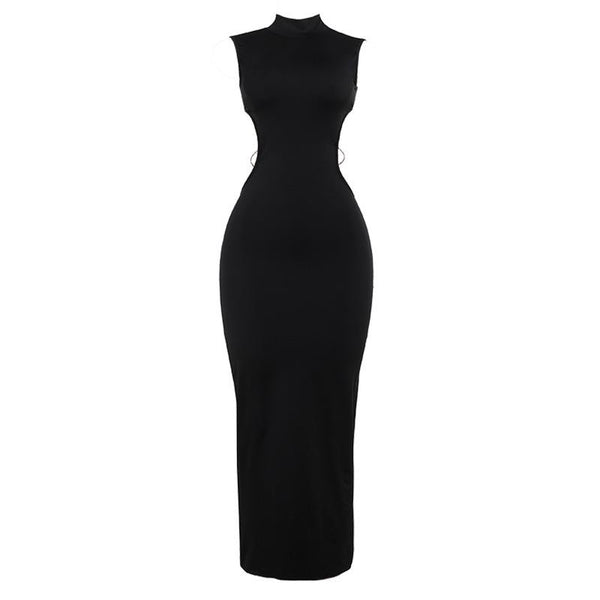 Robe midi fendue dos nu avec col montant et anneau papillon 