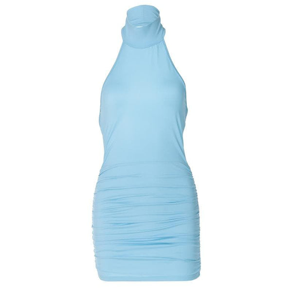 Mini-robe dos nu froncée à col montant et licou 