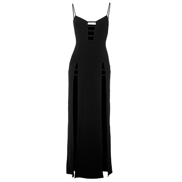 Robe longue camisole dos nu à fente haute ajourée 