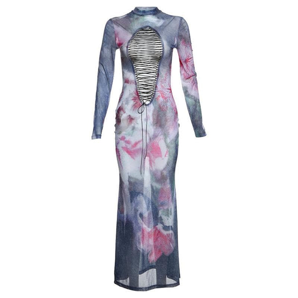 Robe longue à lacets en maille transparente imprimée à manches longues | robe samba 
