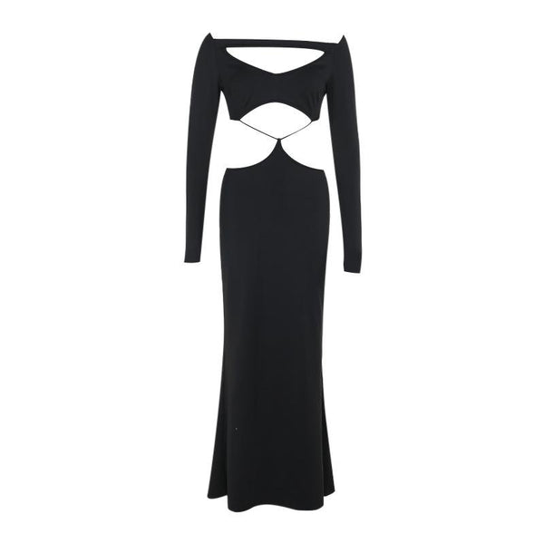 Robe longue unie ajourée à manches longues 
