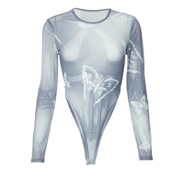 Body à manches longues en maille transparente à imprimé papillon 