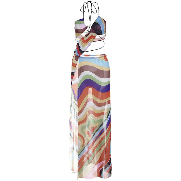 Robe longue en maille transparente à imprimé licou et fente haute | robe Samba 
