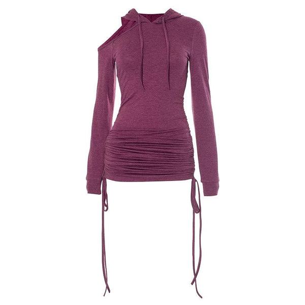 Mini-robe à capuche, manches longues, cordon de serrage, épaules dénudées 