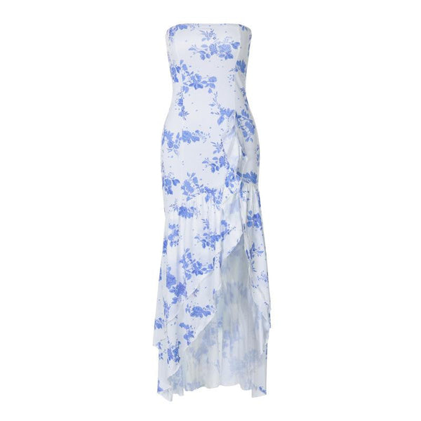 Robe longue tube à imprimé volants et fente haute 