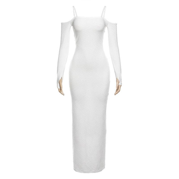 Robe longue texturée unie à manches longues et épaules dénudées 