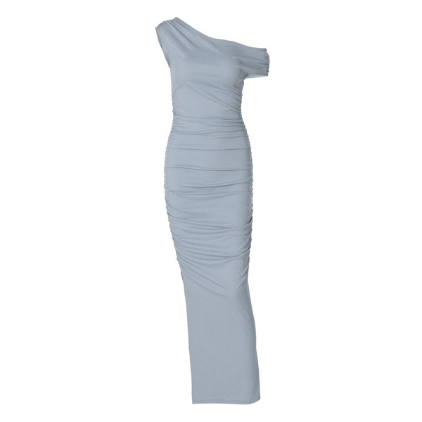 Robe longue côtelée unie à une épaule froncée 