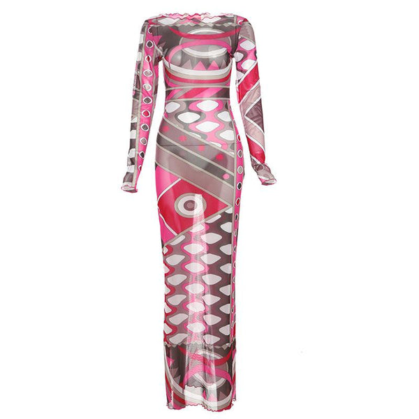 Robe longue à manches longues et volants en maille abstraite 