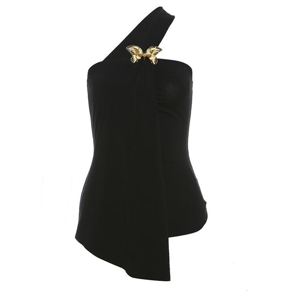 Haut asymétrique en mousseline avec applique papillon irrégulière 