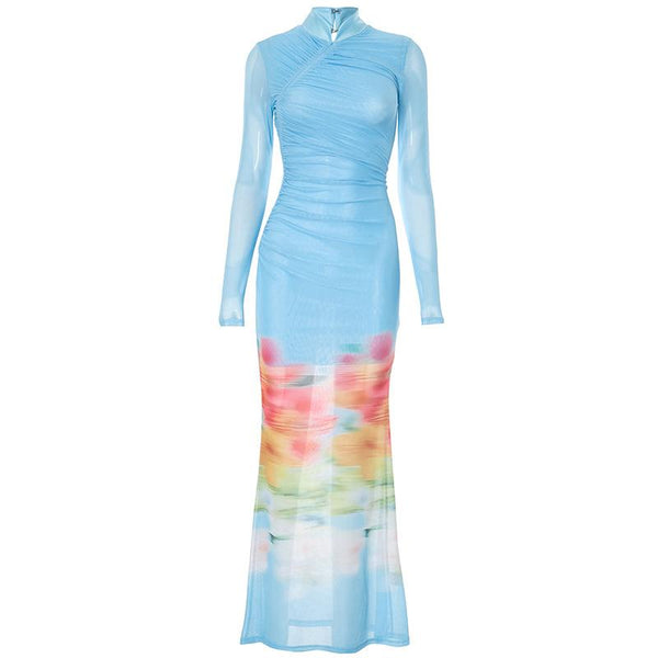 Robe longue à col haut et manches longues en maille froncée à imprimé fleuri 