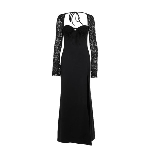 Robe longue fendue à manches longues et col en cœur 