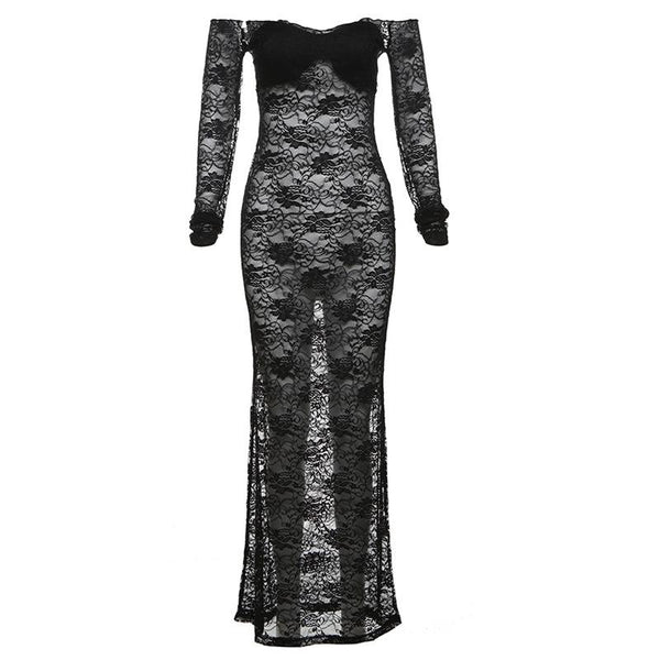 Robe longue transparente à manches longues en dentelle et épaules dénudées 