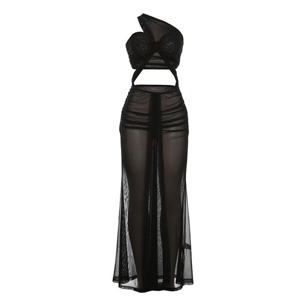 Robe longue en maille ajourée à une épaule 