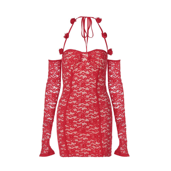 Mini-robe en dentelle à manches longues et épaules dénudées 