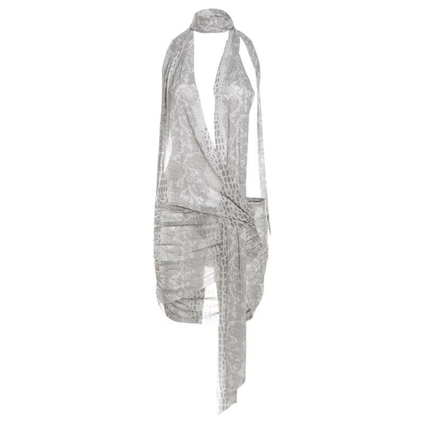 Robe courte à imprimé peau de serpent, dos nu, en maille transparente et froncée irrégulièrement | robe samba 