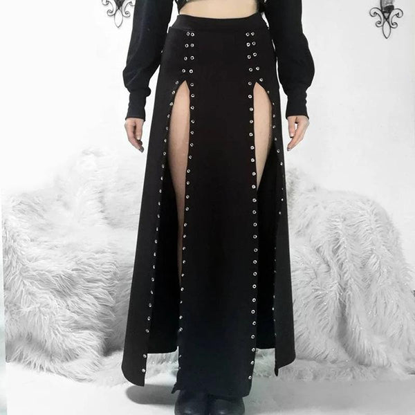 High slit solid metal maxi skirt