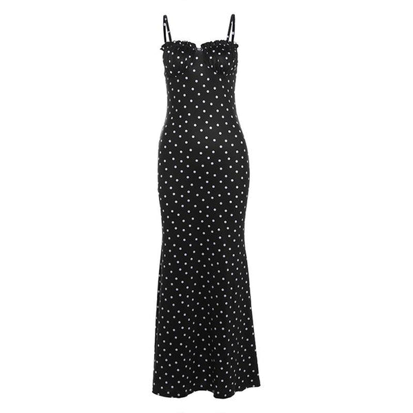 Robe longue caraco froncée à pois 