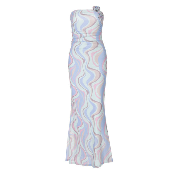 Robe longue tube en maille contrastée froncée avec appliques roses 