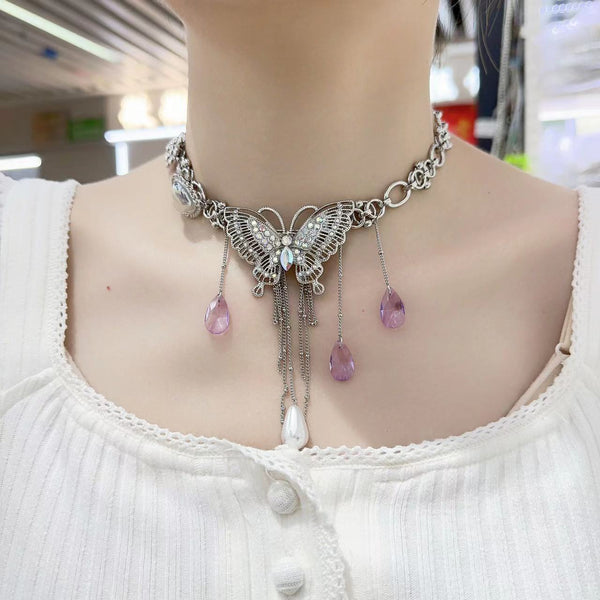 Collier ras du cou en cristal violet, 2 pièces, décor papillon