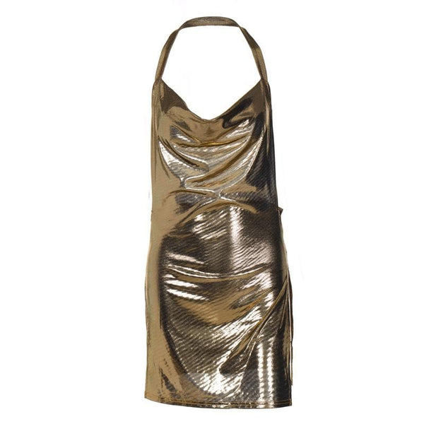 Mini-robe dos nu à col bénitier et fente haute métallisée 