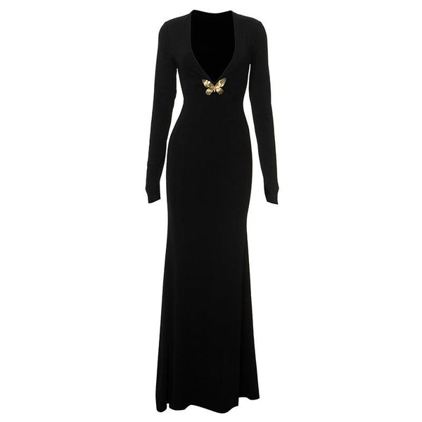 Robe longue à manches longues et col en V avec appliques papillon 