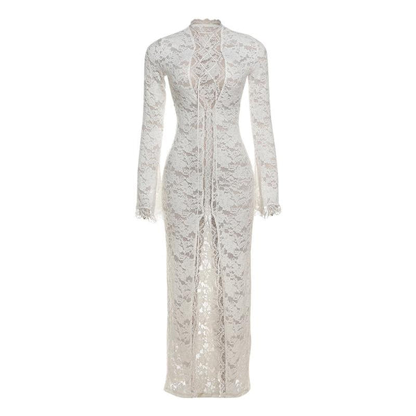 Robe longue fendue croisée sur le devant en dentelle à manches longues 
