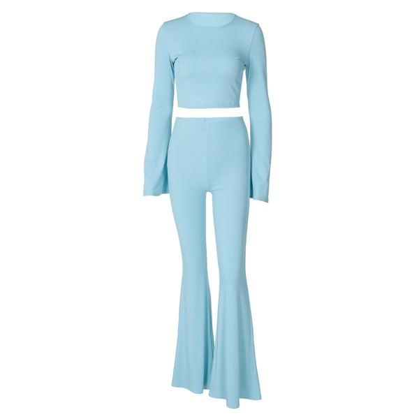 Ensemble pantalon côtelé à manches longues évasées et col ras du cou 