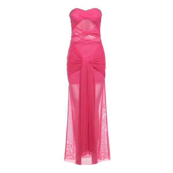 Robe longue en maille froncée, ajourée et transparente, avec découpes tubulaires | robe de tango rouge 