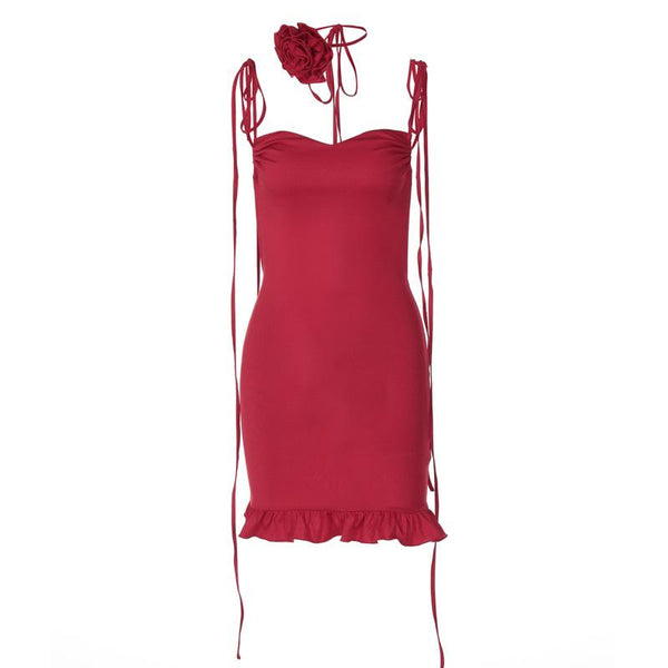 Robe courte à volants froncés et nouée avec appliques roses | robe tango rouge 