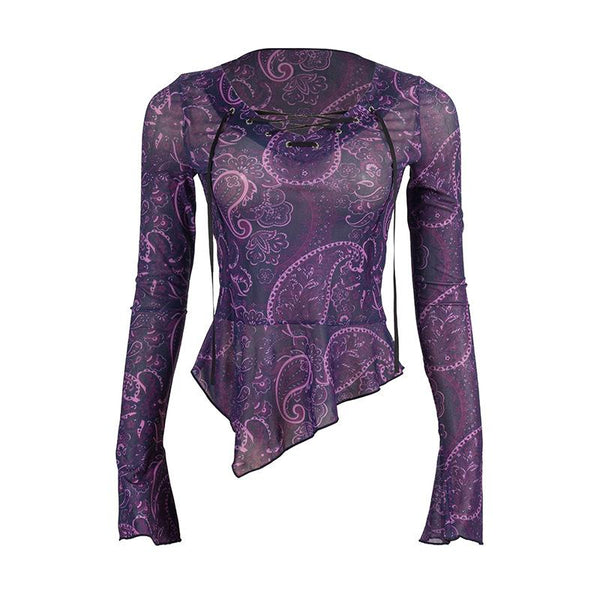 Haut à manches longues évasées, imprimé, lacets, maille transparente irrégulière à volants 