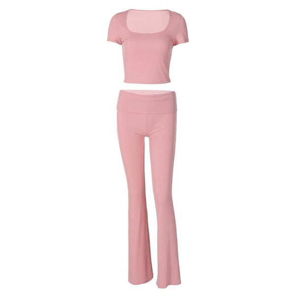 Ensemble pantalon côtelé uni à manches courtes et col en U 
