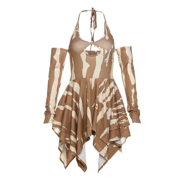 Mini-robe côtelée à manches longues et dos nu ajouré à nouer soi-même 