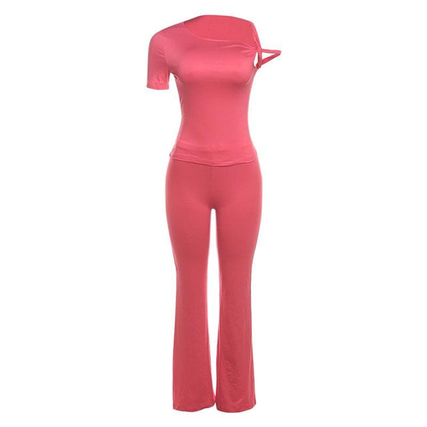 Ensemble pantalon uni à manches courtes et col ras du cou irrégulier 