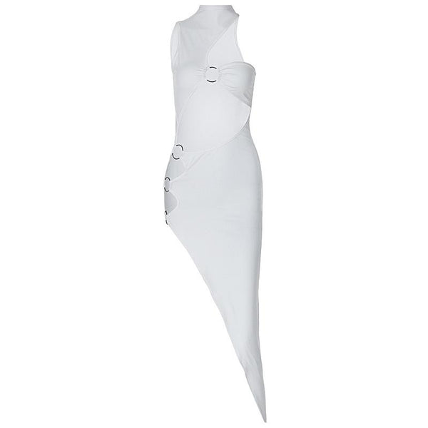 Robe midi asymétrique à col haut et anneau en O 