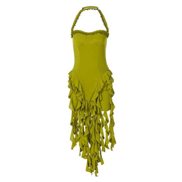 Robe midi dos nu à volants et dos nu 