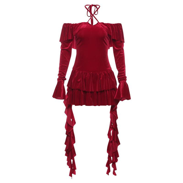 Mini-robe en velours à manches longues et épaules dénudées 