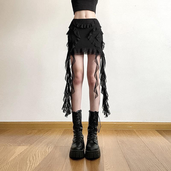 Ruffle mesh solid mini skirt