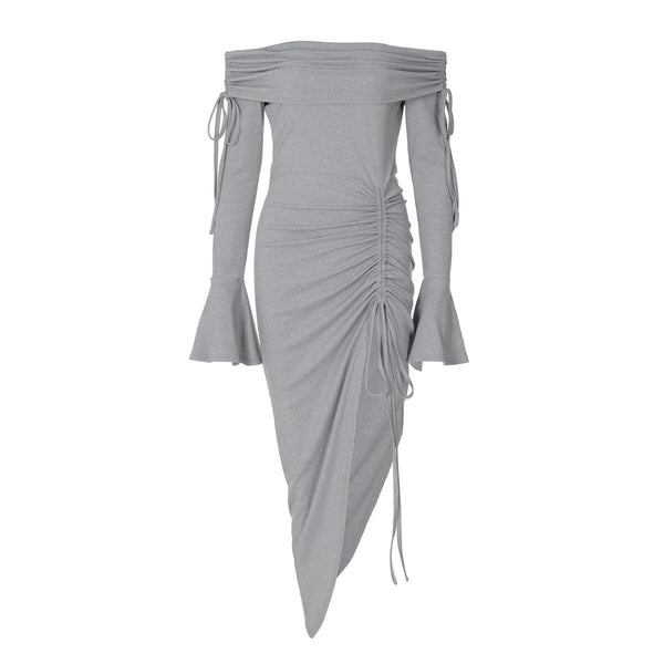 Robe midi froncée à manches longues évasées et épaules dénudées avec cordon de serrage 