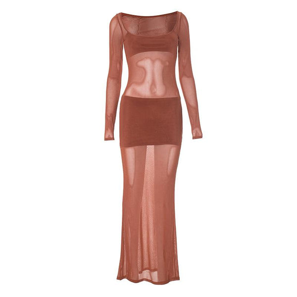 Robe longue en maille à manches longues et col en U 