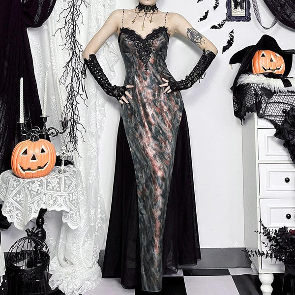 Robe longue camisole en maille contrastée à col en V et perles 