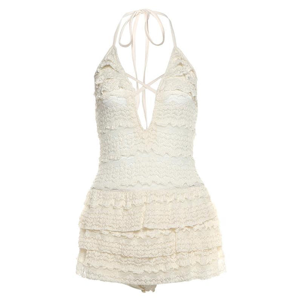 Robe mini ajourée à col en V transparent et à nouer soi-même 