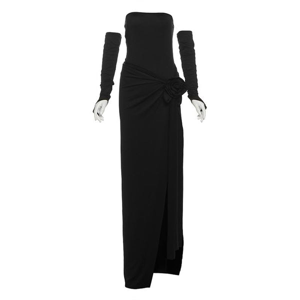 Ensemble jupe longue tube fendue avec appliques florales et gants 