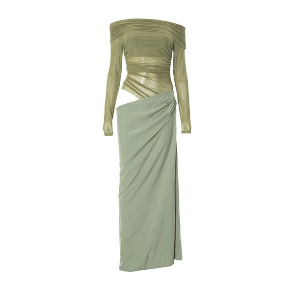Robe Maix à manches longues et épaules dénudées en maille patchwork froncée et ajourée 