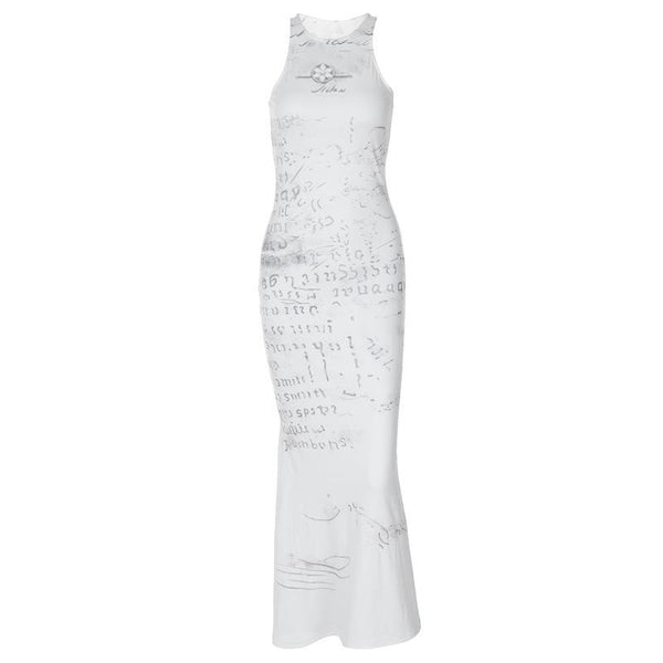 Robe longue imprimée sans manches à col ras du cou 