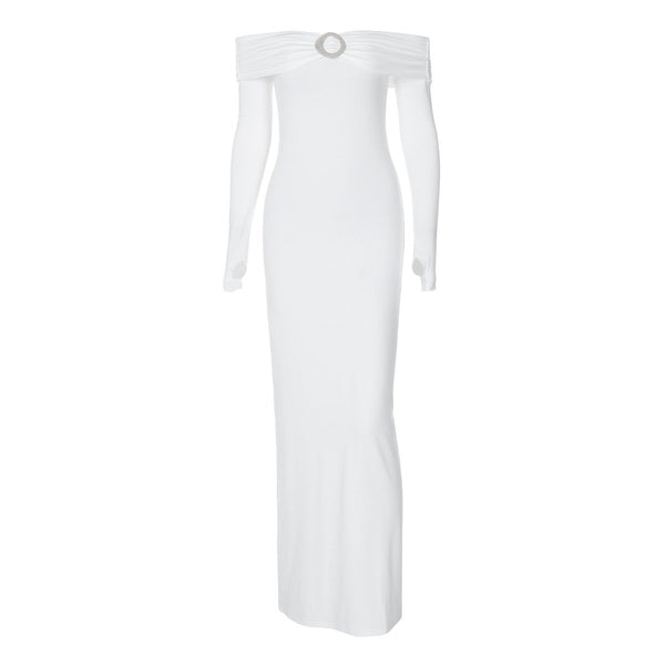 Robe longue fendue à manches longues et épaules dénudées avec anneau en O 